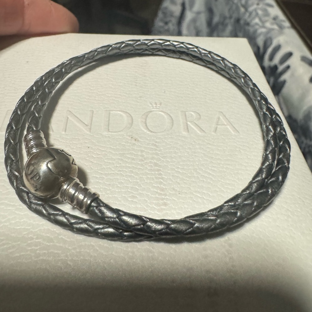 Authentic Pandora double Braided gray Leather Bracelet Silver